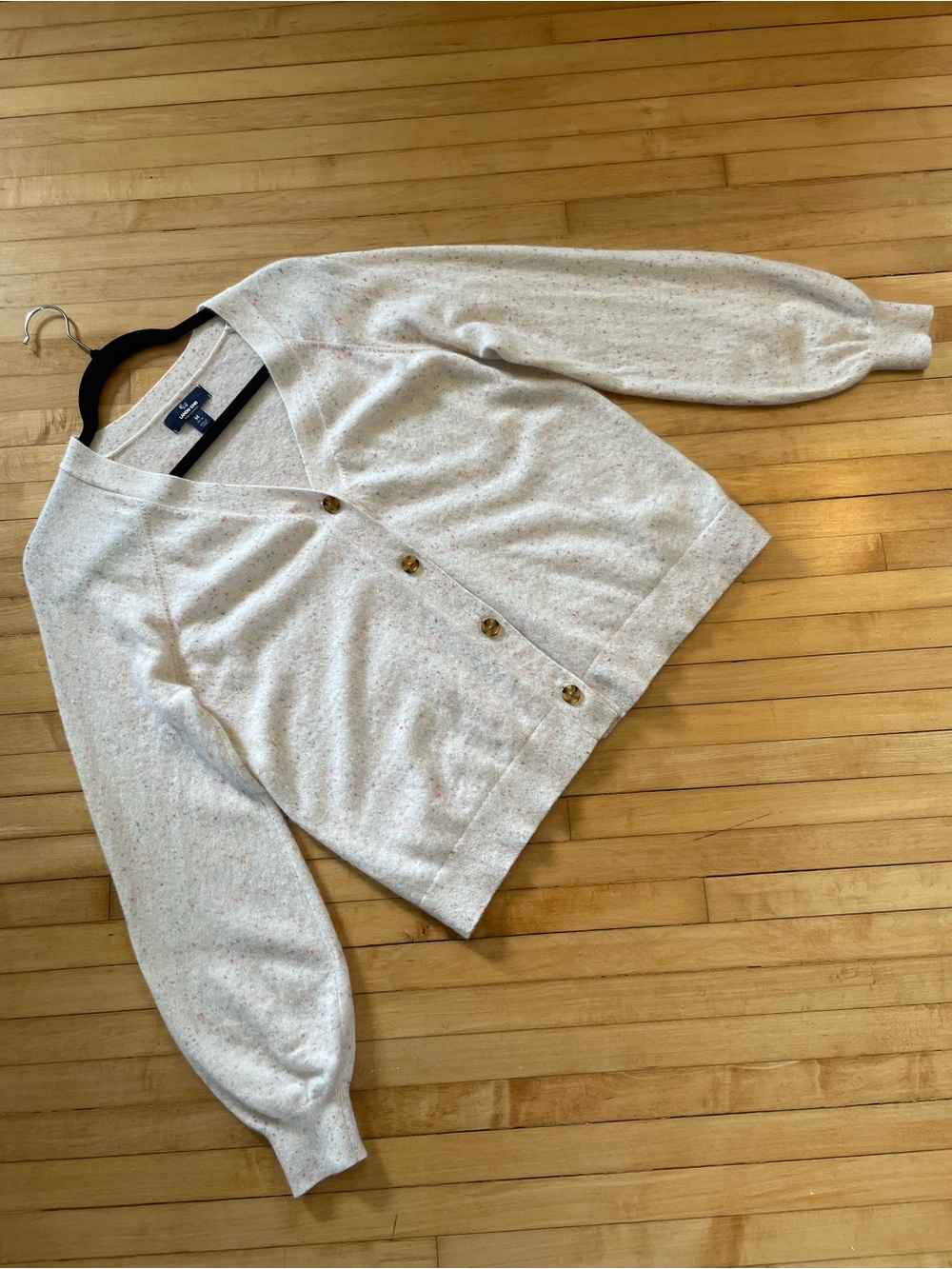 LANDS' END Cashmere Cardigan Boxy Fit Balloon Raglan Sleeves Cream Confetti